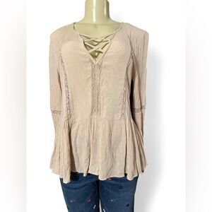 American Eagle Outfitters Lace-Up Beige Blouse